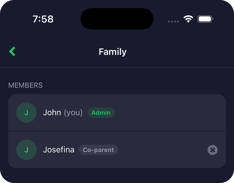 Family screen with members and invite code